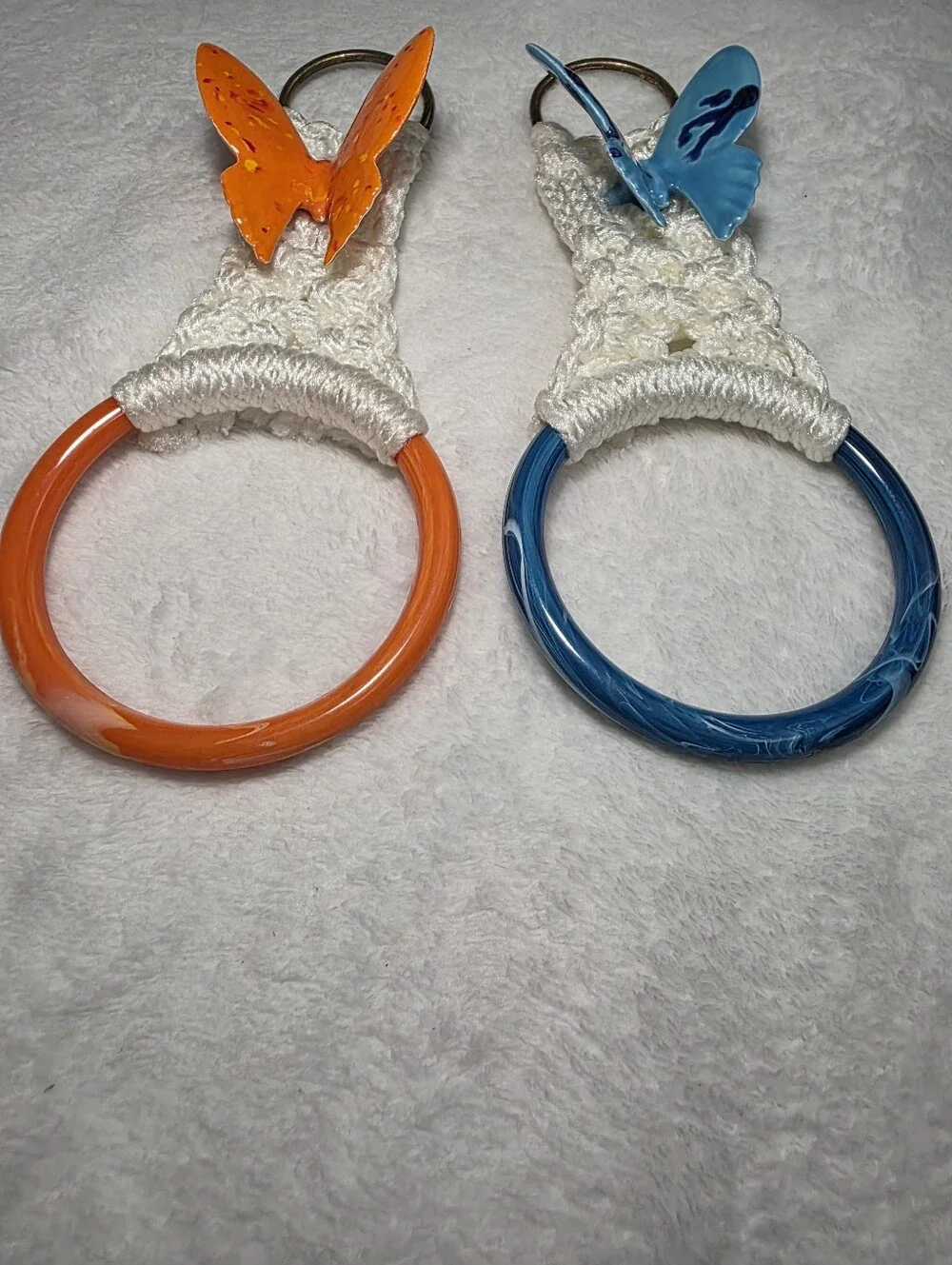 Pair Of Vintage Macrame Kitchen Towel Holders With Butterfly Accents Orange Blue